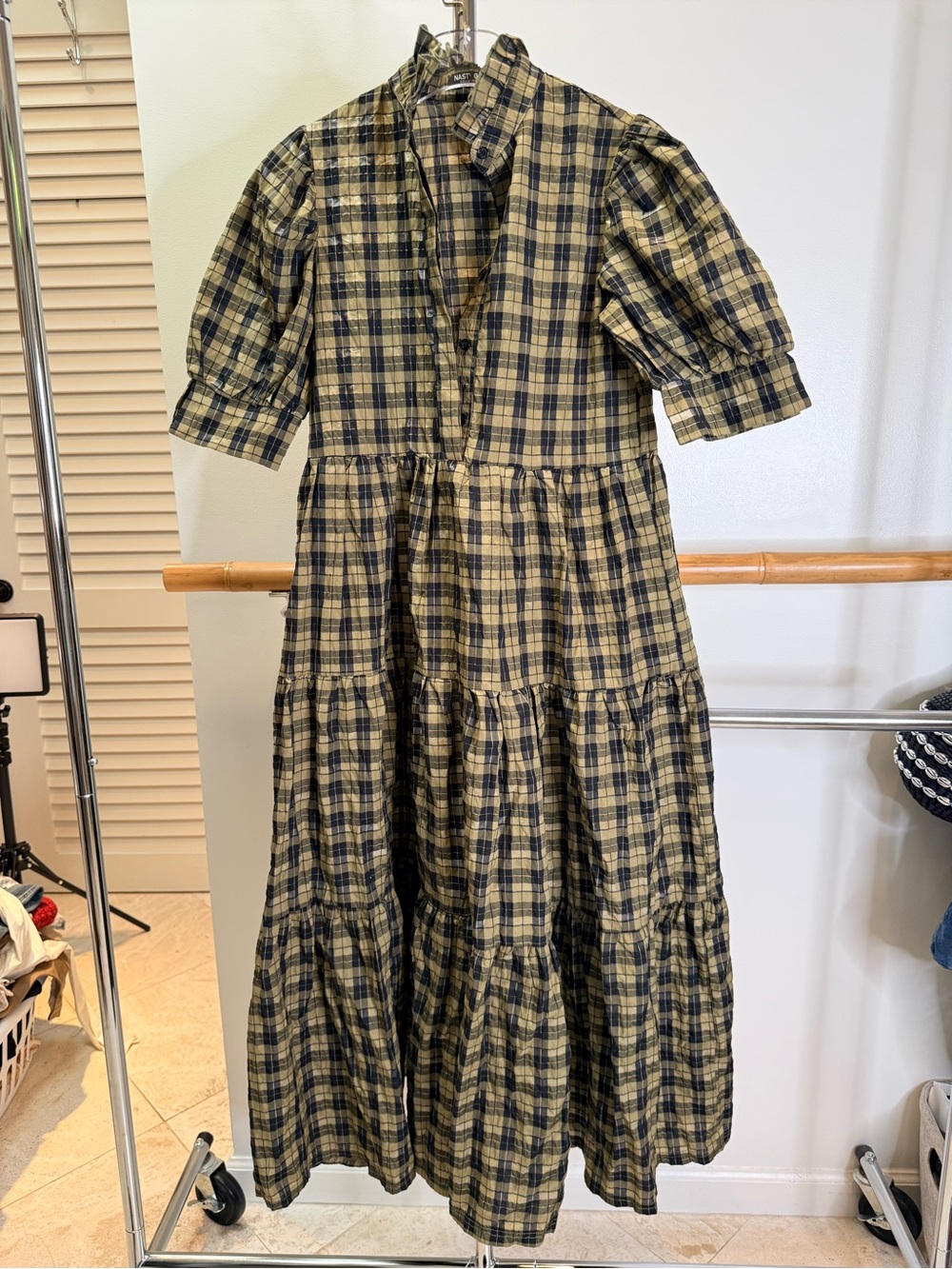 Nasty Gal Collection Plaid Tiered Maxi Dress Puff Sleeve Size 0 NWT